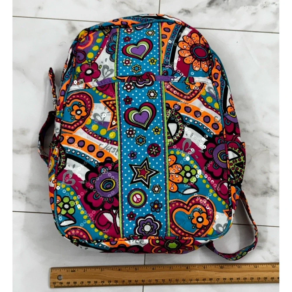 Justice Quilted Adjustable Strap Backpack Sequins Retro Peace Sign NWT 2012